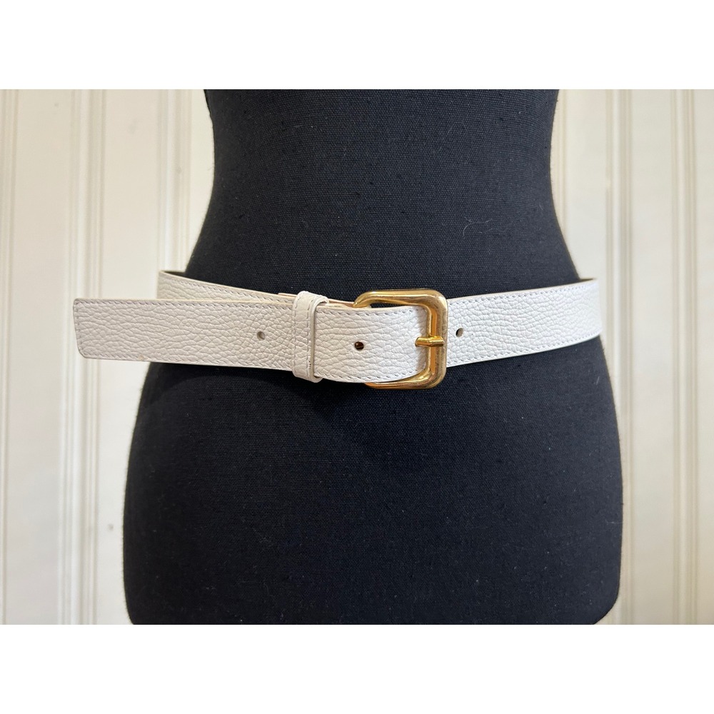 Talbots White/Ivory S Pebble Leather Belt Gold Buckle Made in Italy Quiet Luxury